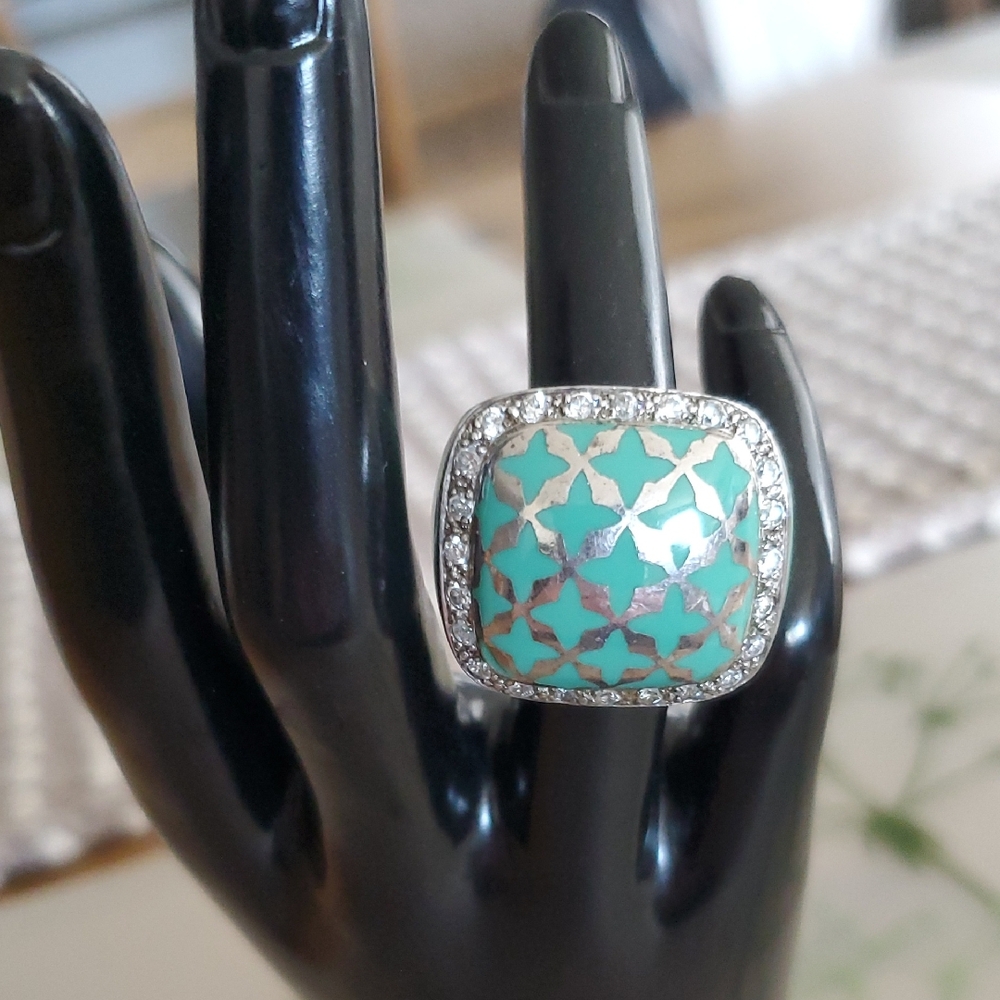 Turquoise Green Color Sterling Lattice Overlay Ring Size 8.